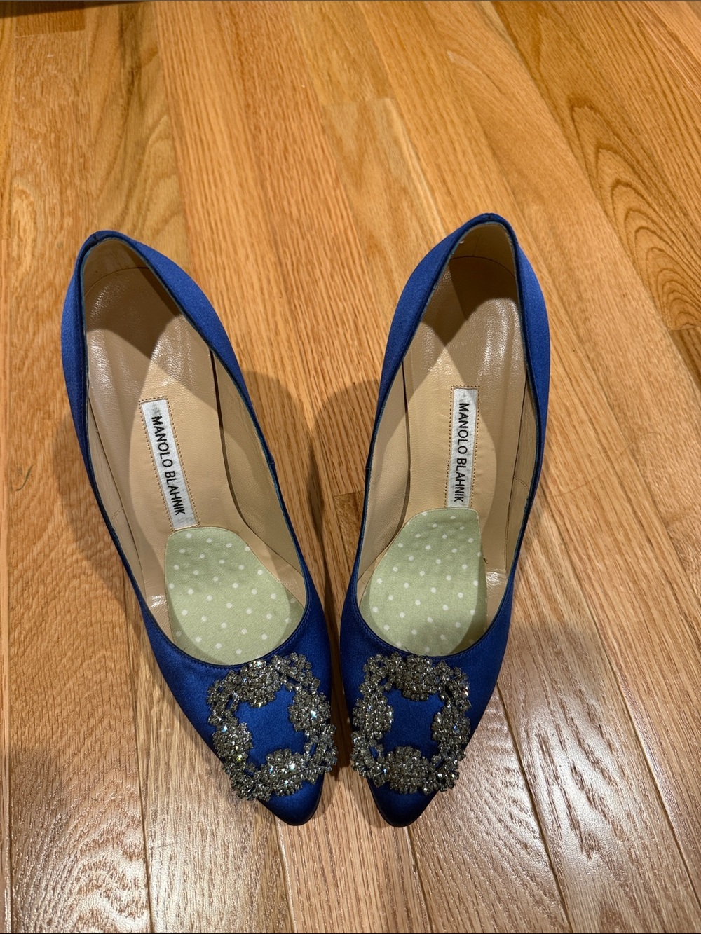 Manolo Blahnik Royal Blue Satin Crystal-Embellished Pointed Pumps